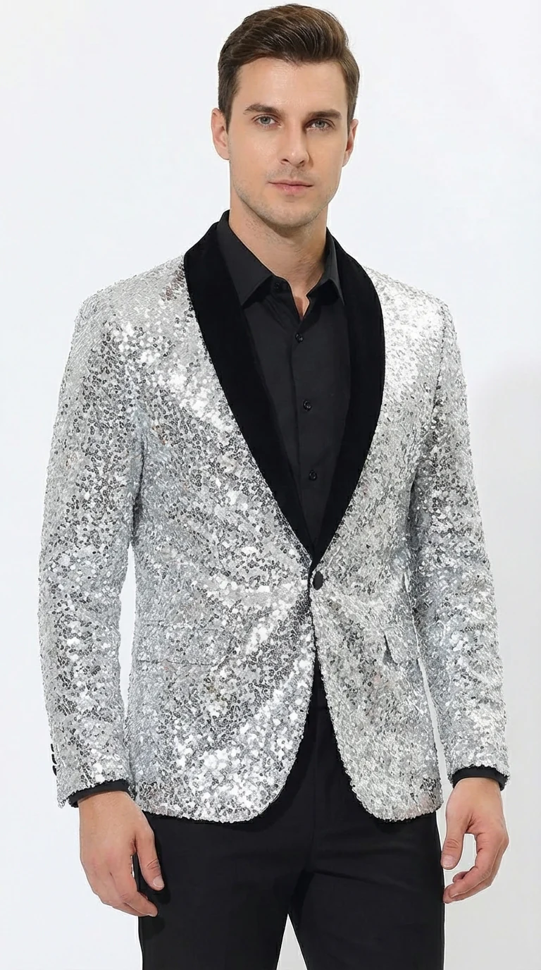 Men’s Silver Sequin Blazer Disco Style Jacket – Black Lapel Party Blazer, Shiny Evening Wear, 70s Dance Outfit, Formal Event Jacket - Image 3