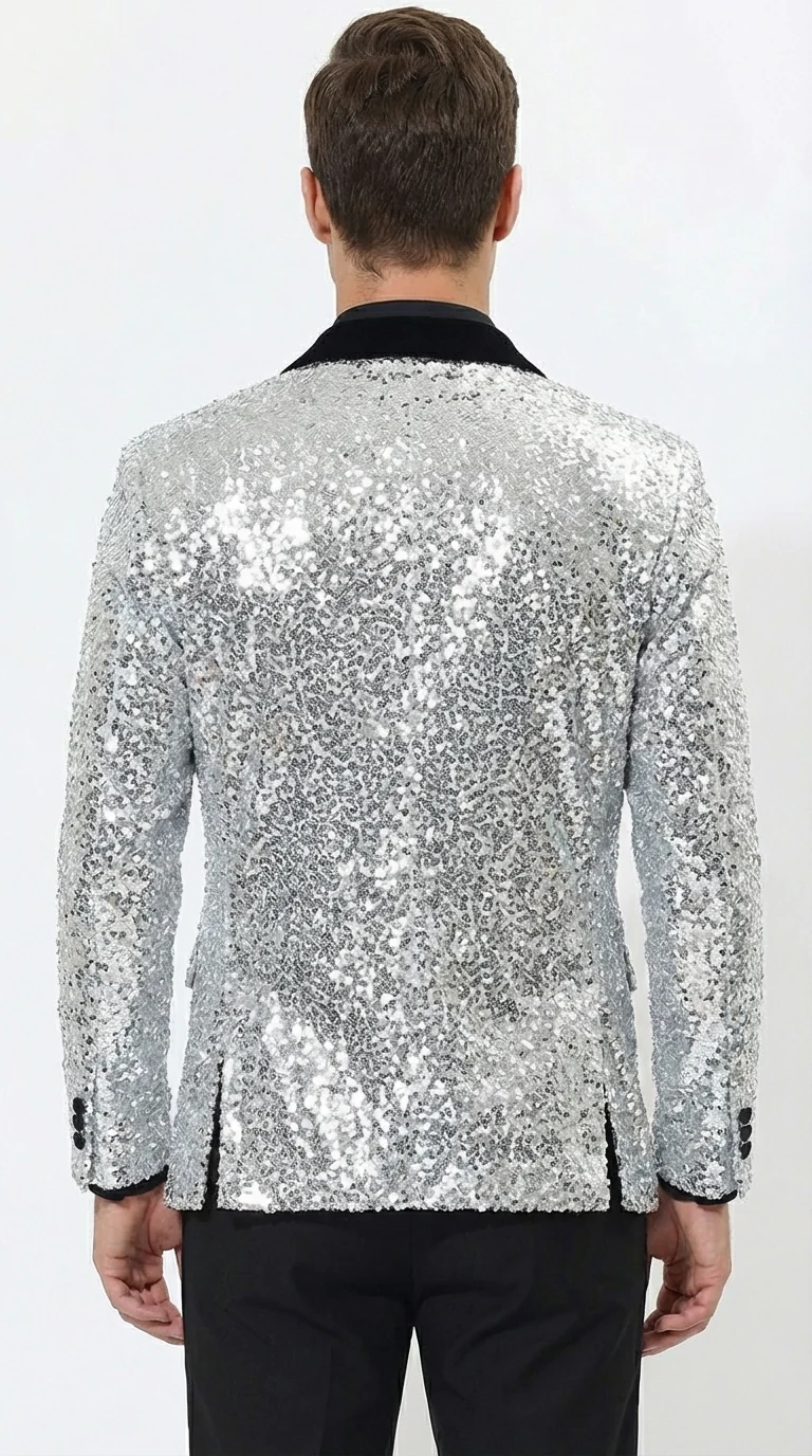 Men’s Silver Sequin Blazer Disco Style Jacket – Black Lapel Party Blazer, Shiny Evening Wear, 70s Dance Outfit, Formal Event Jacket - Image 4