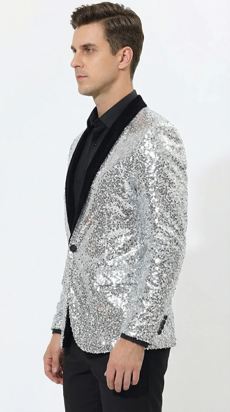 Men’s Silver Sequin Blazer Disco Style Jacket – Black Lapel Party Blazer, Shiny Evening Wear, 70s Dance Outfit, Formal Event Jacket - Image 5