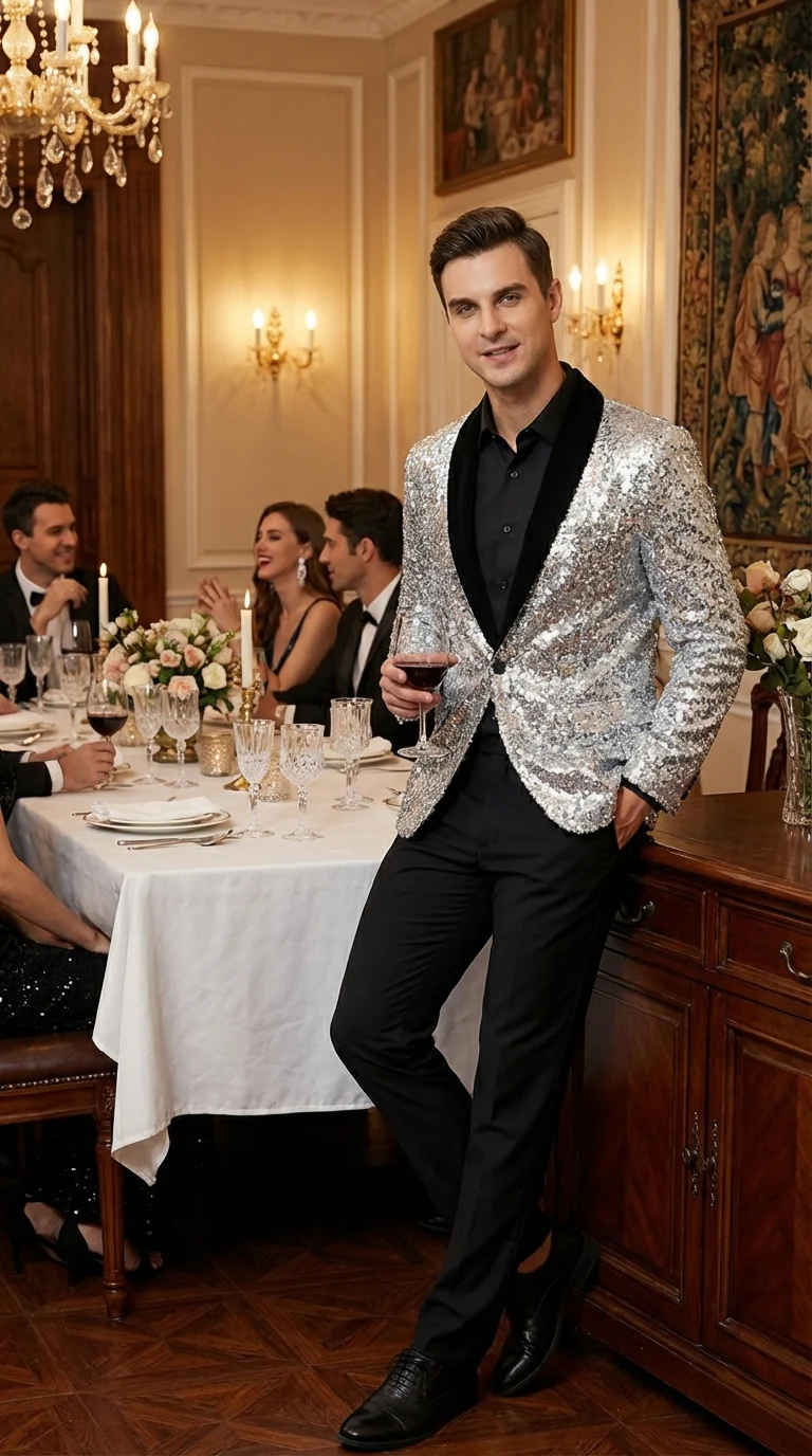 Men’s Silver Sequin Blazer Disco Style Jacket – Black Lapel Party Blazer, Shiny Evening Wear, 70s Dance Outfit, Formal Event Jacket - Image 7