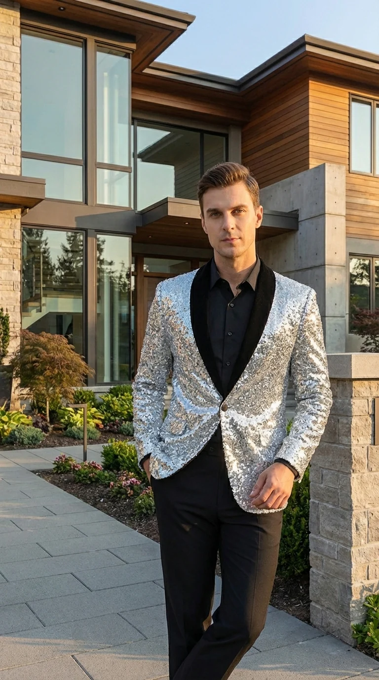 Men’s Silver Sequin Blazer Disco Style Jacket – Black Lapel Party Blazer, Shiny Evening Wear, 70s Dance Outfit, Formal Event Jacket - Image 8
