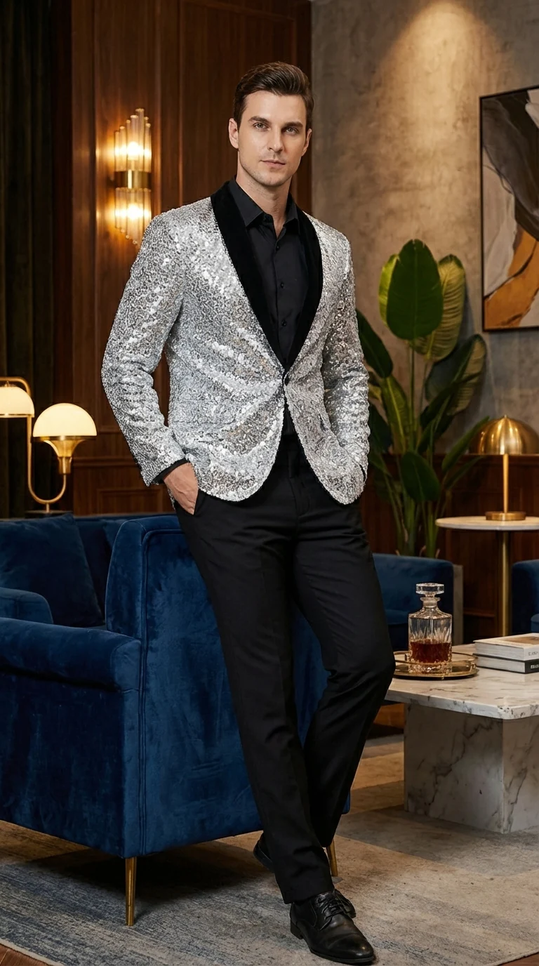 Men’s Silver Sequin Blazer Disco Style Jacket – Black Lapel Party Blazer, Shiny Evening Wear, 70s Dance Outfit, Formal Event Jacket - Image 9