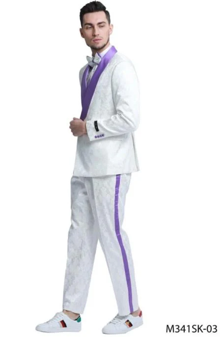Men's Slim Fit Double Breasted Paisley Smoking Jacket Prom & Wedding Tuxedo in White & Purple - Image 2