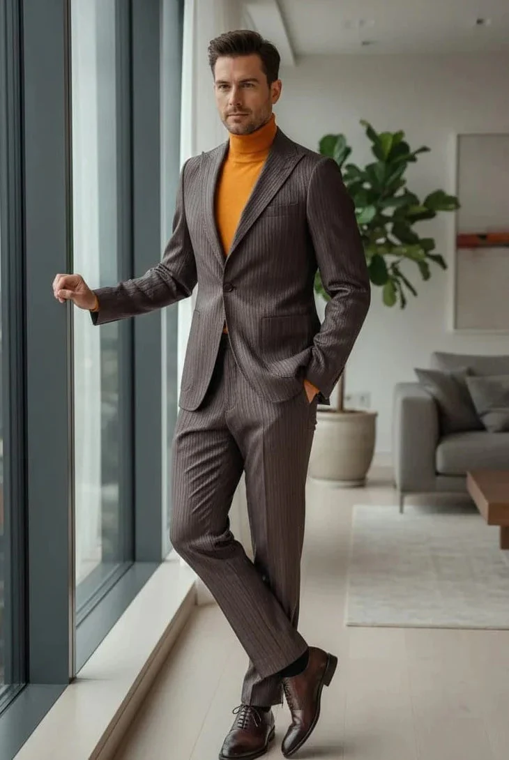 Mens Slim Fit One Button Peak Lapel Suit Brown - Image 3