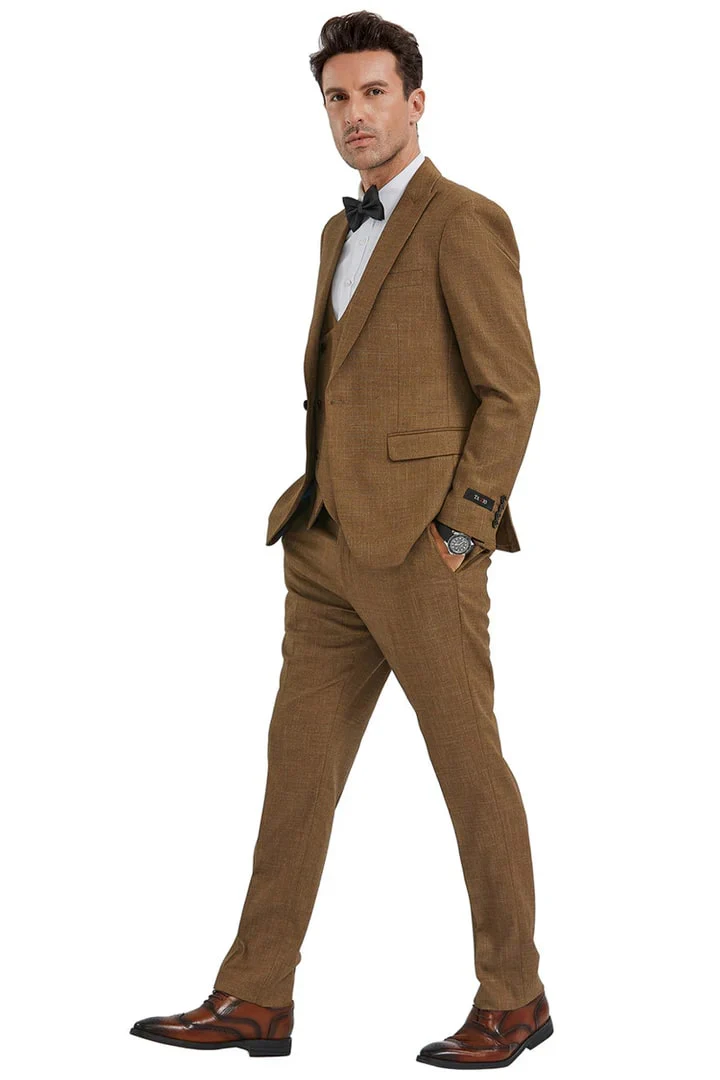Men's Slim Fit One Button Peak Lapel Suit with Double Breasted Vest in Camel Sharkskin - Image 2
