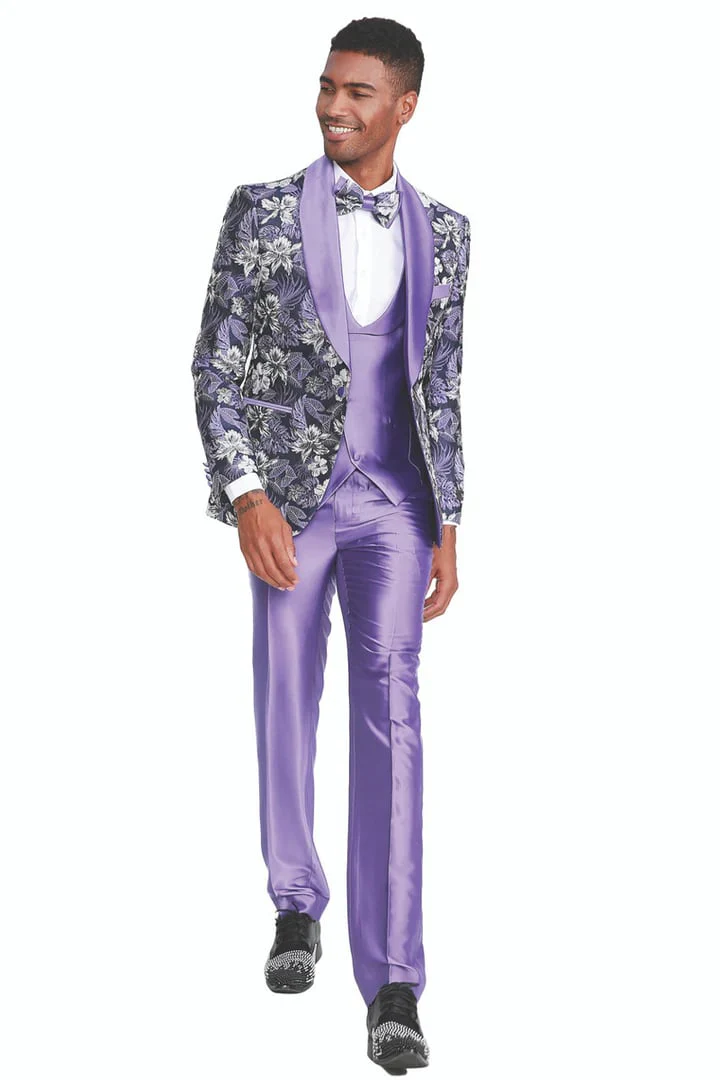 Men's Slim Fit One Button Vested Paisley Shawl Lapel Prom Tuxedo in Purple - Image 2