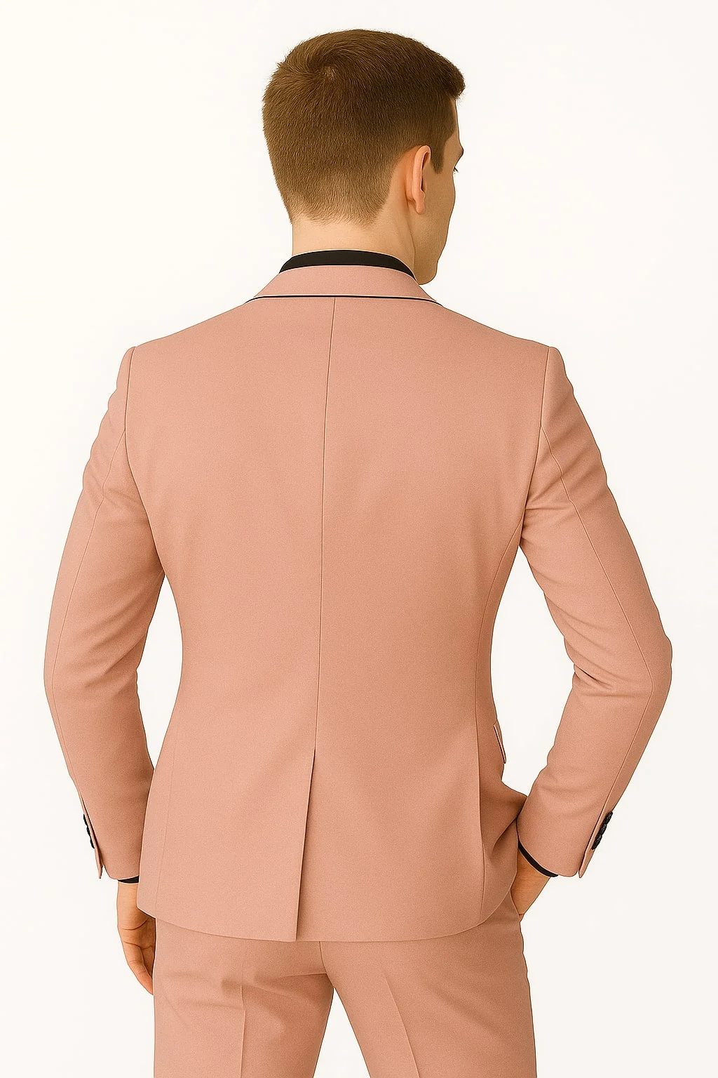 Mens Slim Fit Pink Tuxedo Suit with Black Trim – Modern Wedding and Prom Outfit in Rose Gold Blush Color - Image 3