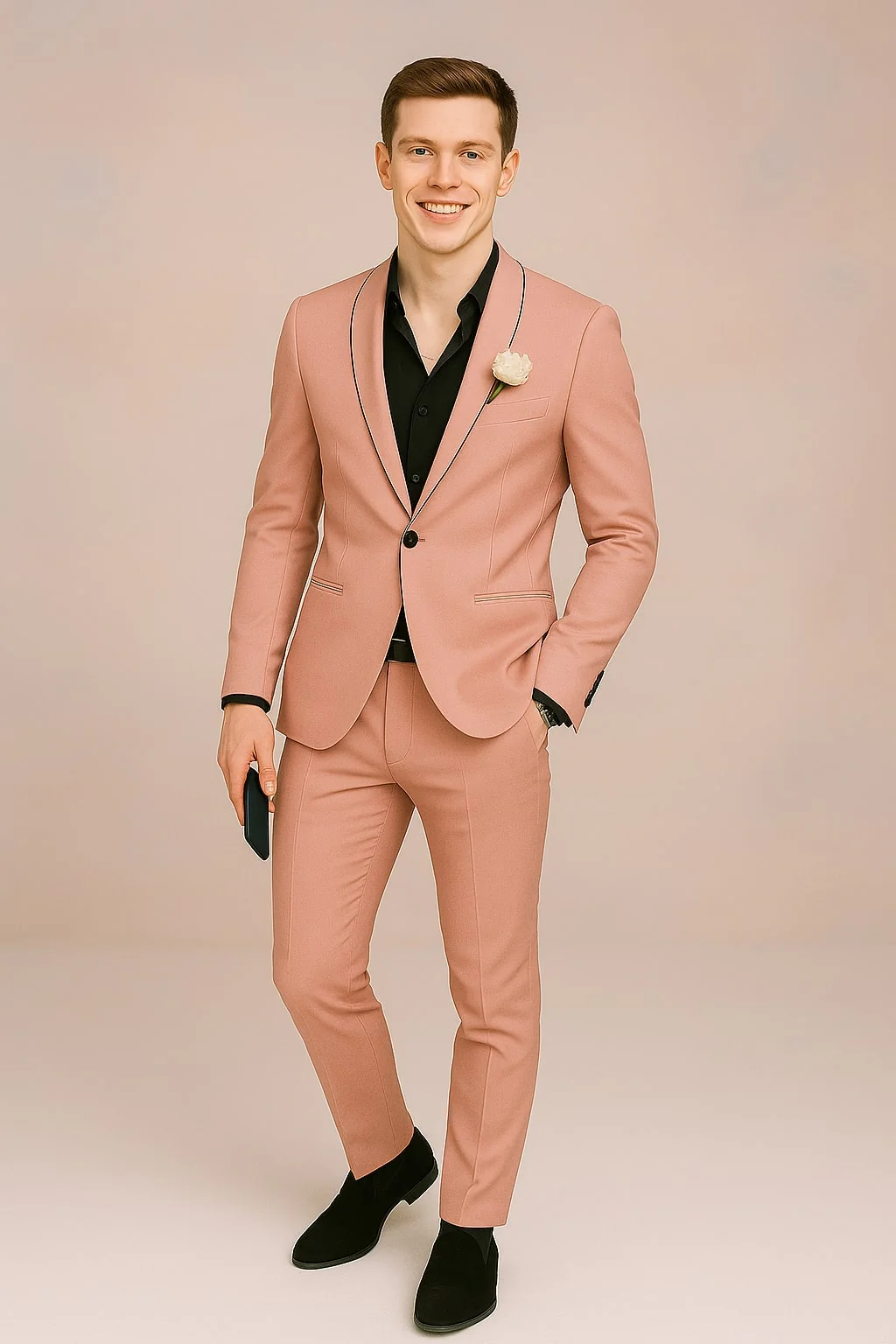 Mens Slim Fit Pink Tuxedo Suit with Black Trim – Modern Wedding and Prom Outfit in Rose Gold Blush Color - Image 4