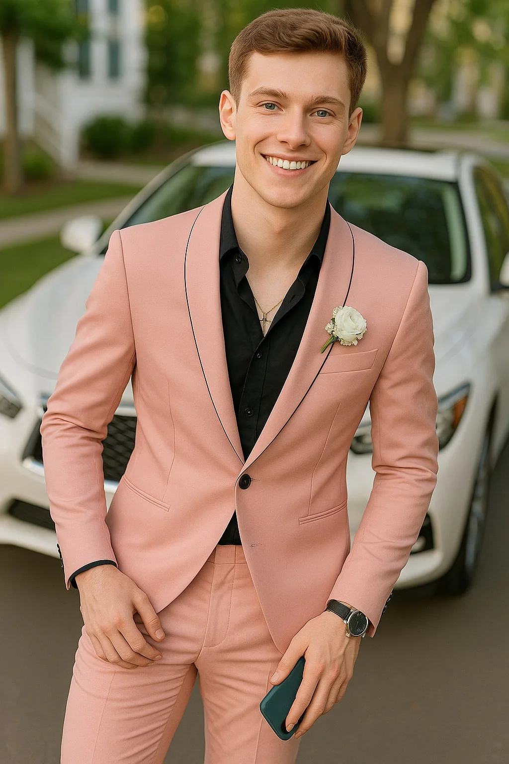 Mens Slim Fit Pink Tuxedo Suit with Black Trim – Modern Wedding and Prom Outfit in Rose Gold Blush Color - Image 6