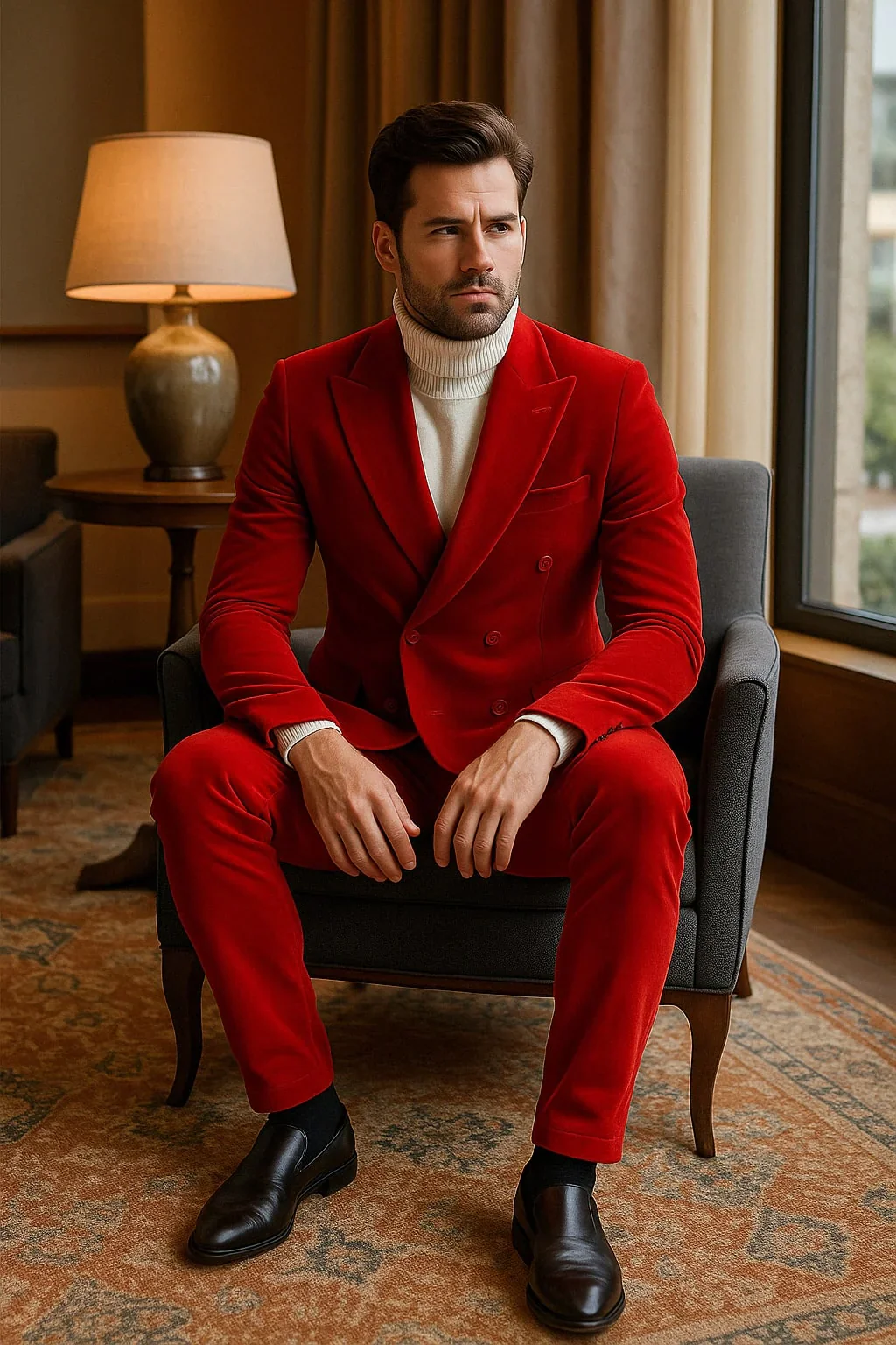 Mens Slim Fit Red Velvet Double Breasted Suits with Peak Lapel Formal Tuxedo Style Ultra Slim Fit - Image 3
