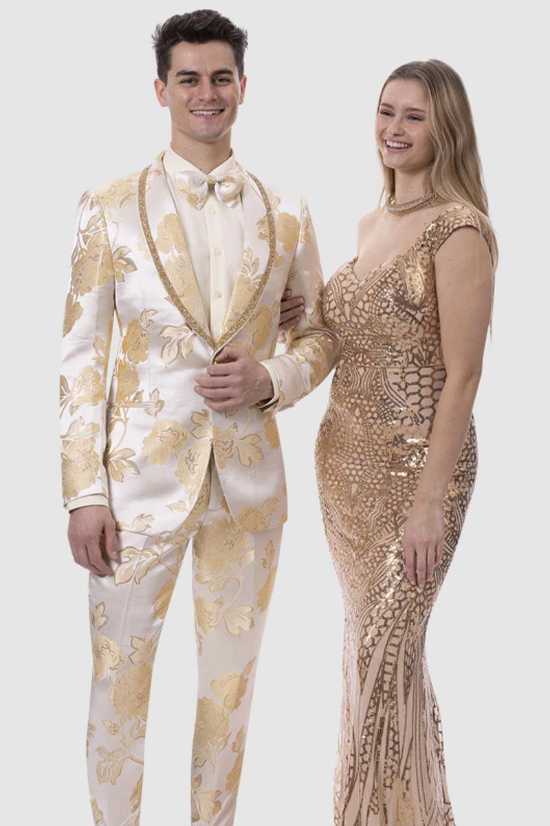 "EJ Samuel Ivory & Gold Slim-Fit Paisley Tuxedo: The Perfect Wedding Statement"