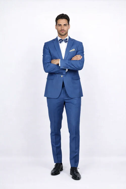 Men Slim Fit Suits - Fitted Suits - Skinny Suit Men's Blue 1 Button Closure Rossiman Rossi Skinny Suit - Image 5