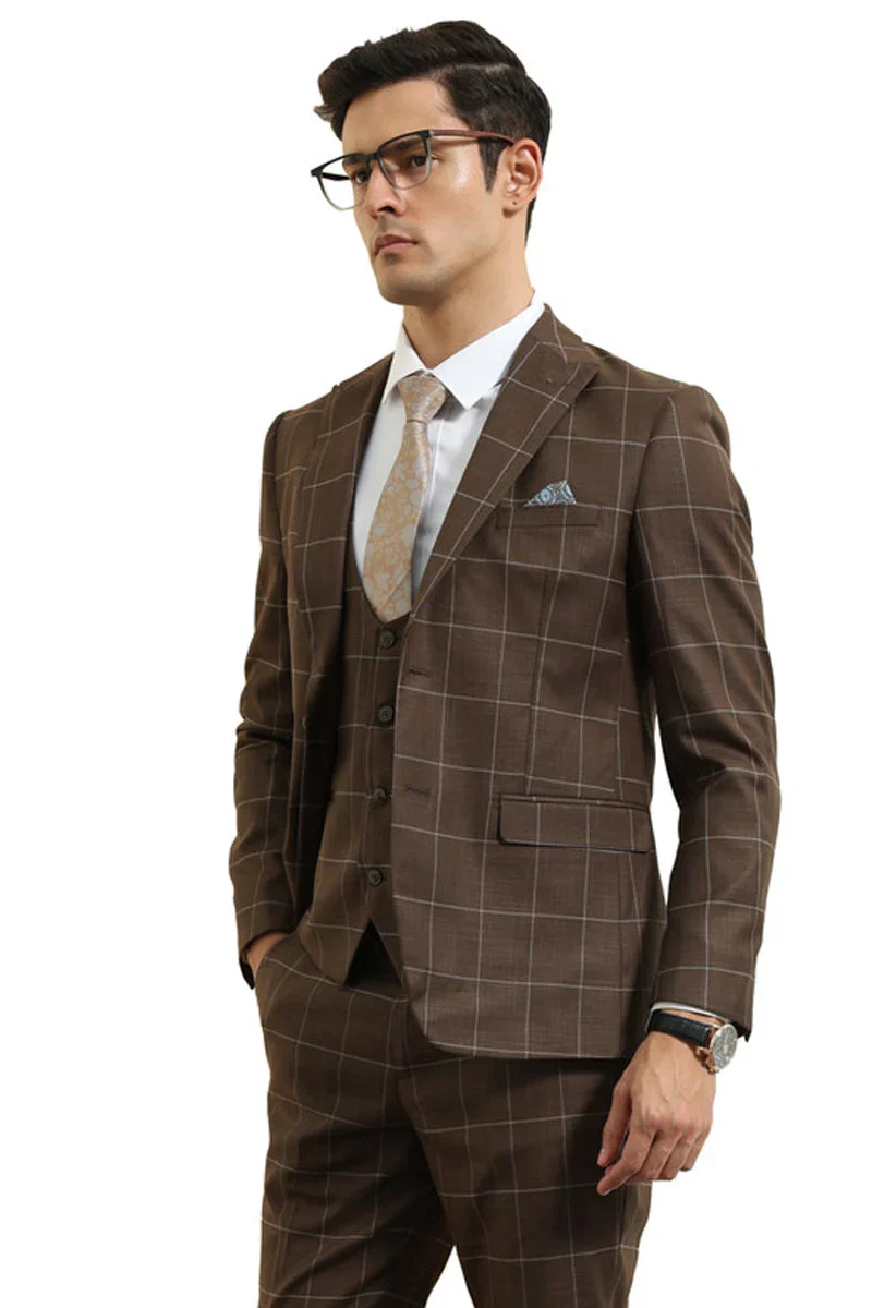 Mens Slim Fit Two Button Peak Lapel Vested Suit in Brown Windowpane Plaid - Image 2