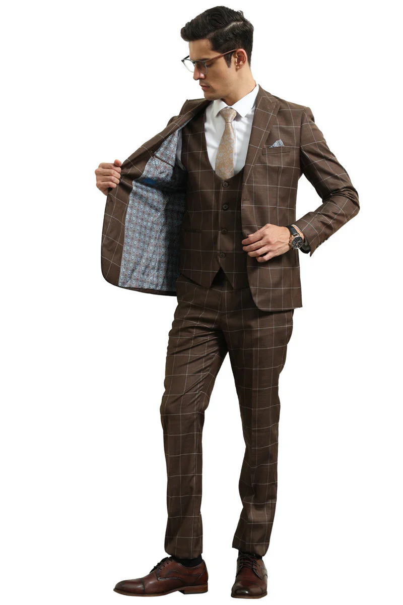 Mens Slim Fit Two Button Peak Lapel Vested Suit in Brown Windowpane Plaid - Image 3