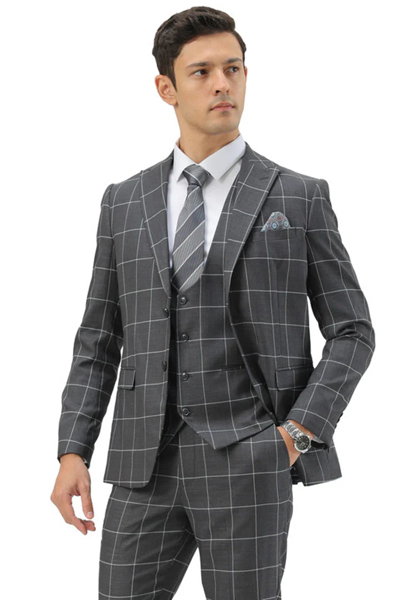 Mens Slim Fit Two Button Peak Lapel Vested Suit in Grey Windowpane Plaid - Image 2