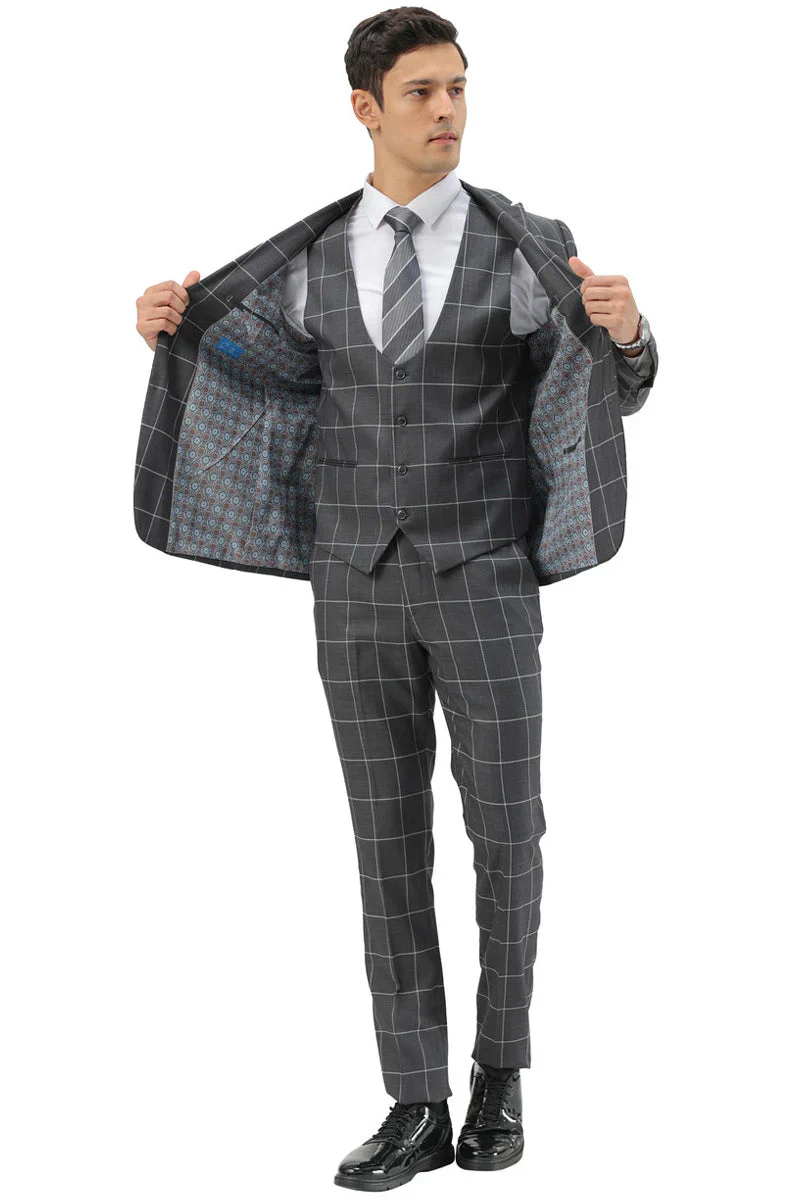 Mens Slim Fit Two Button Peak Lapel Vested Suit in Grey Windowpane Plaid - Image 3