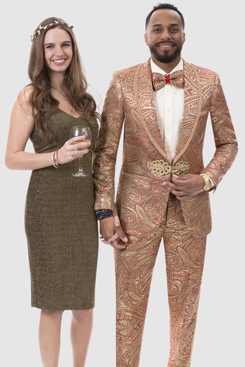 "Mens Slim-Fit Burgundy Paisley Tuxedo w/ Gold Trim by EJ Samuel"