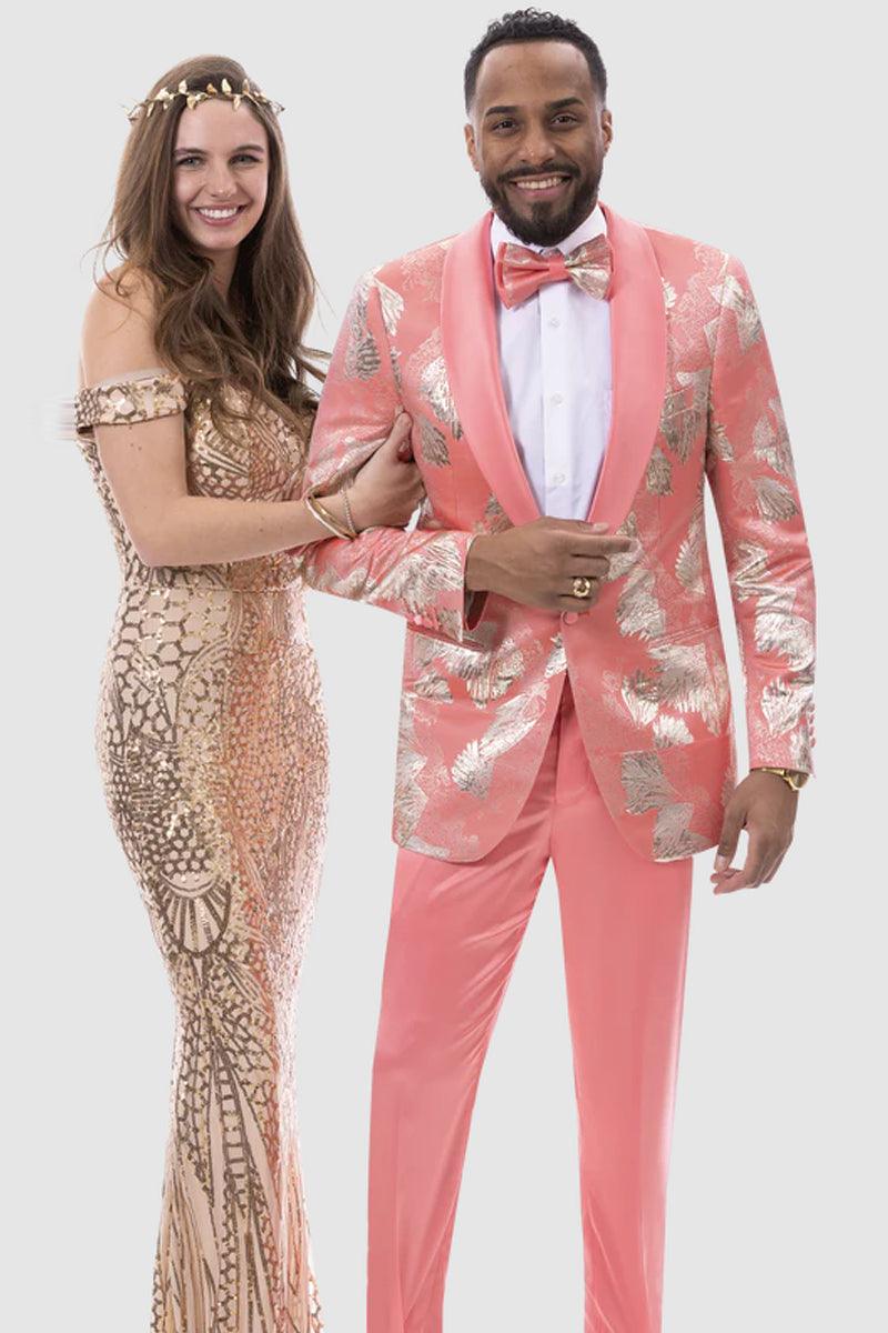 EJ Samuel Mens Slim Fit Shiny Shell Print Tuxedo in Salmon Pink