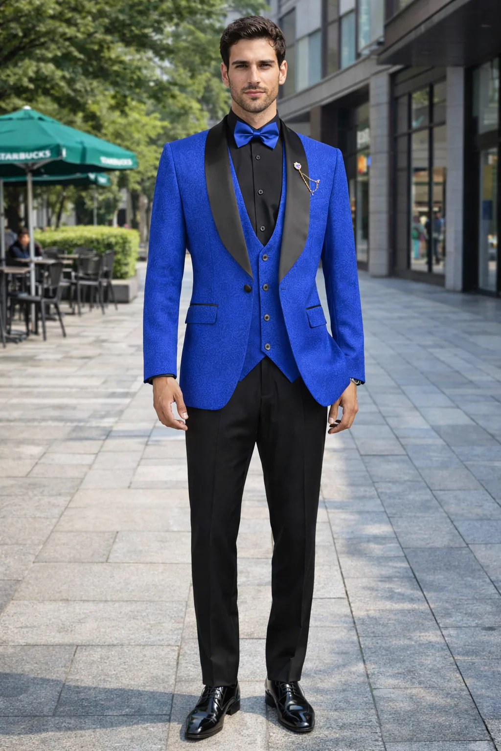 Men's Slim Fit Vested Paisley Royal Blue Tuxedo - Image 7