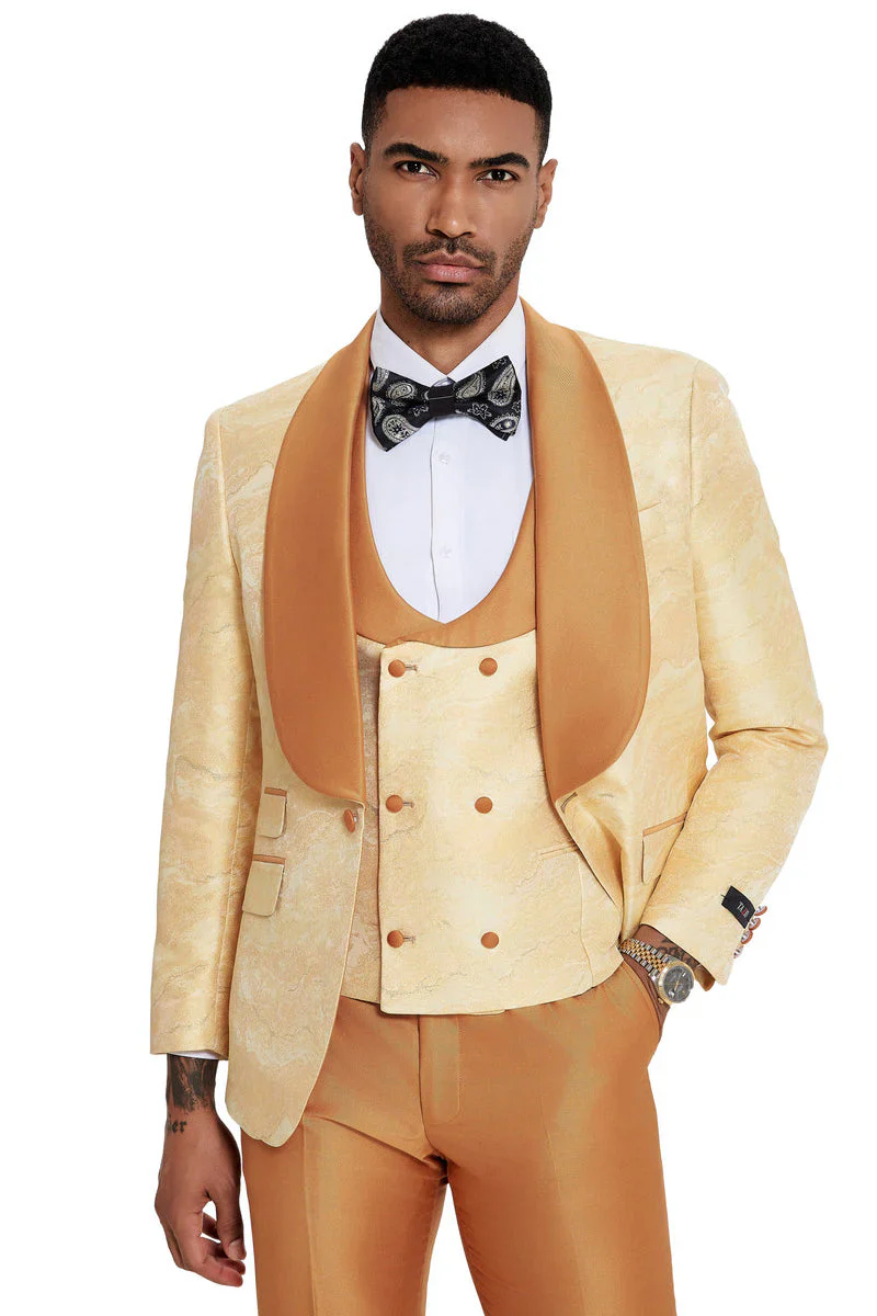 Mens Slim Fit Vested Wedding Prom Shawl Lapel Paisley Tuxedo in Gold - Image 3