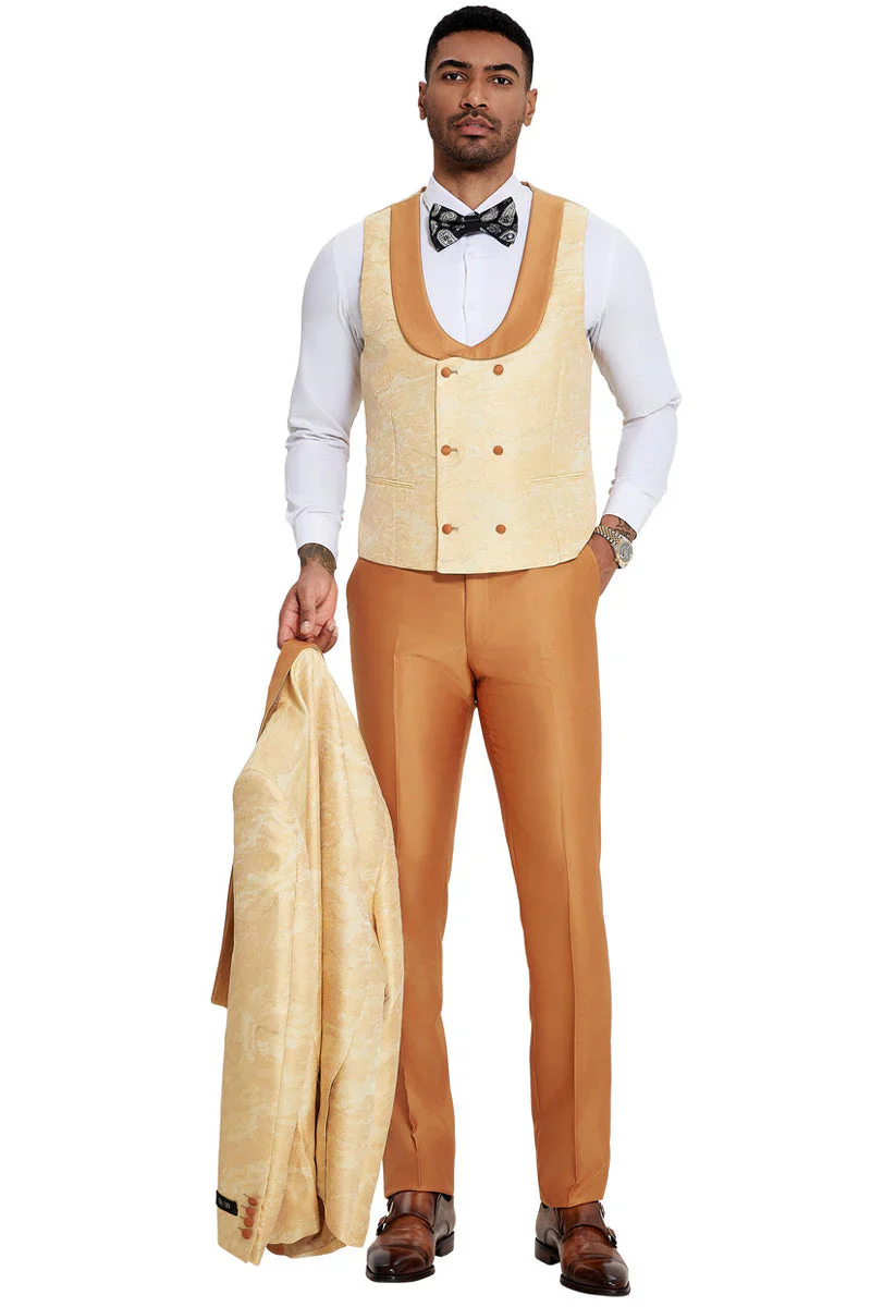 Mens Slim Fit Vested Wedding Prom Shawl Lapel Paisley Tuxedo in Gold - Image 4