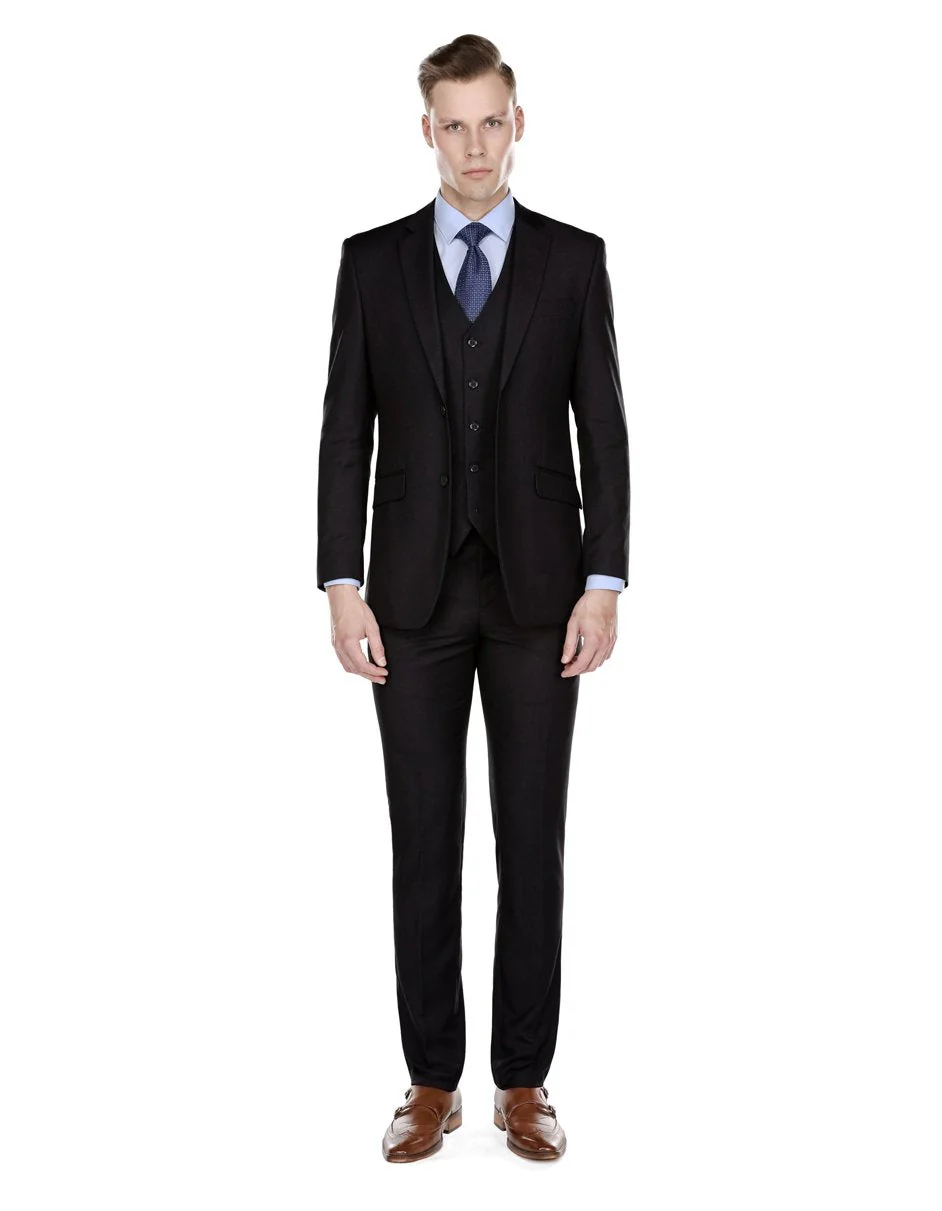 Mens Smart Slim Vested Funeral Suit Black