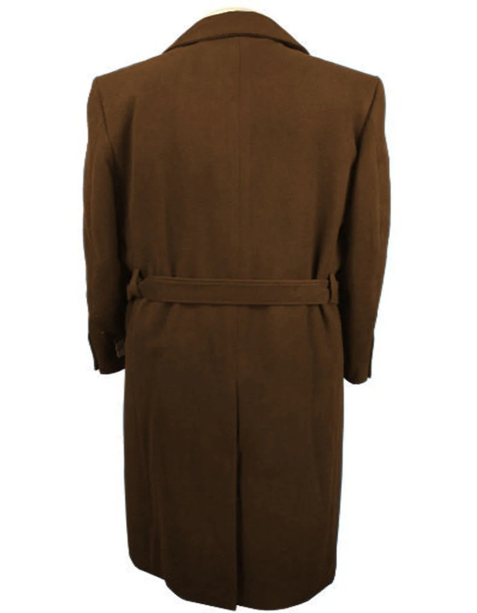 Mens Solid Brown 100% Wool Gabardine Belted Duster Overcoat - Image 2