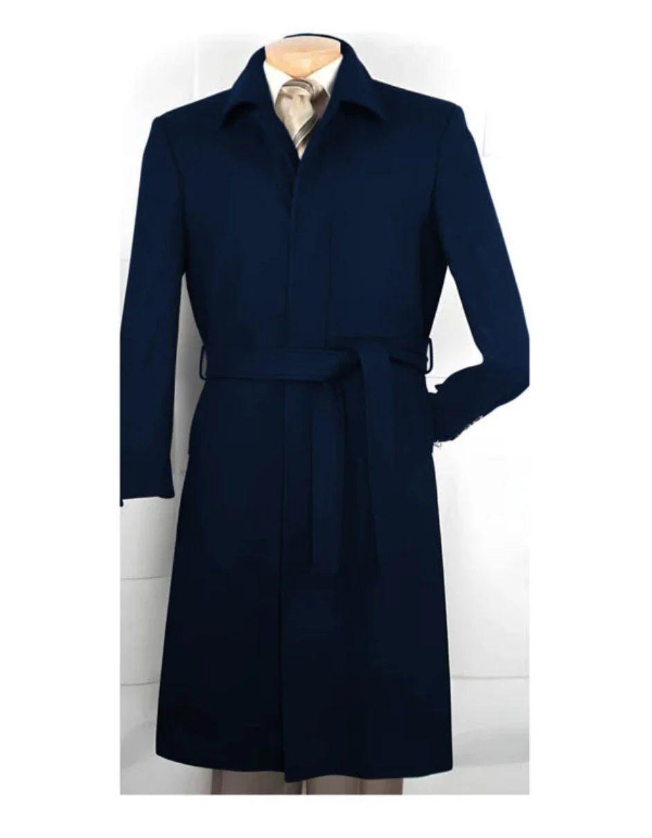 Mens Solid Navy 100% Wool Gabardine Belted Duster Overcoat - Image 3