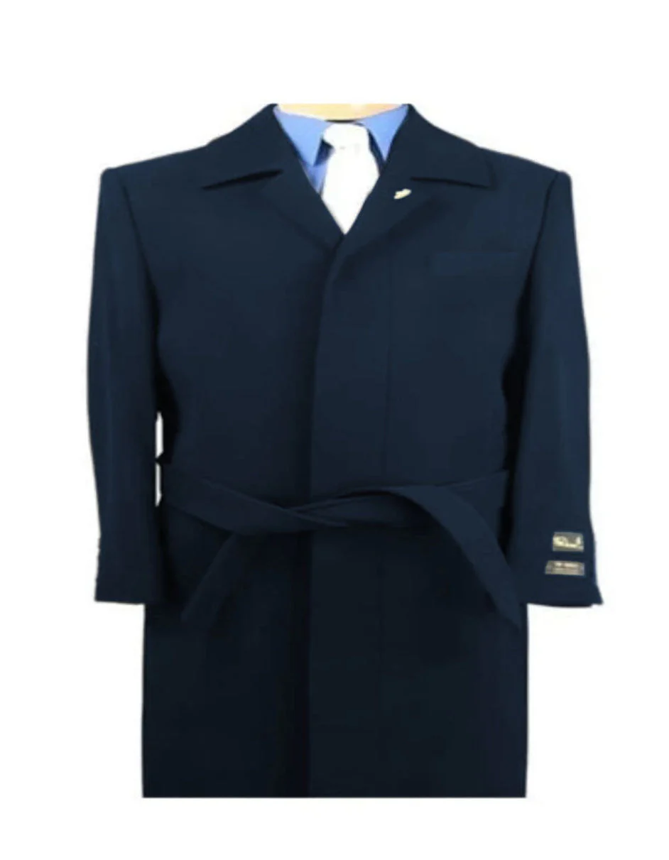 Mens Solid Navy 100% Wool Gabardine Belted Duster Overcoat - Image 4