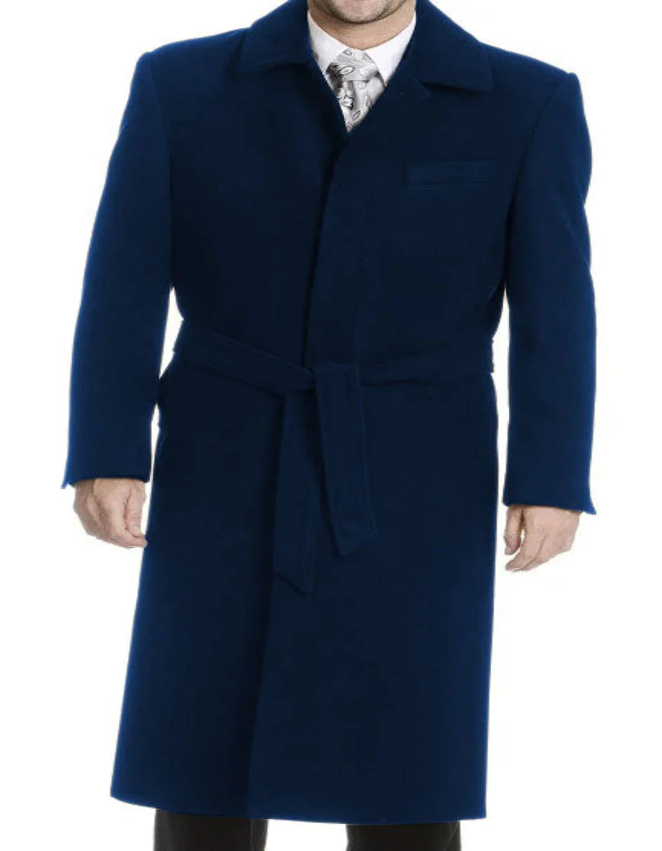 Mens Solid Navy 100% Wool Gabardine Belted Duster Overcoat - Image 5