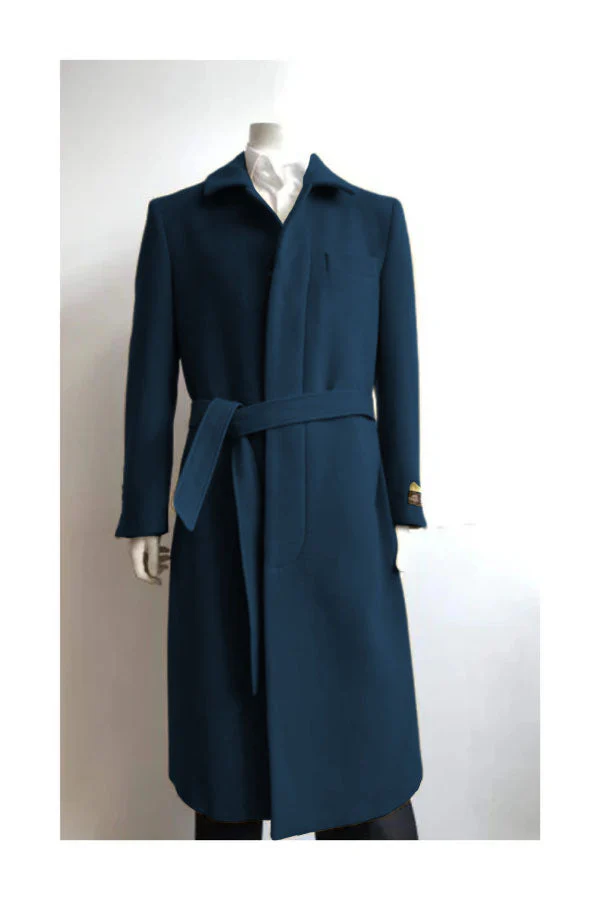 Mens Solid Navy 100% Wool Gabardine Belted Duster Overcoat - Image 7