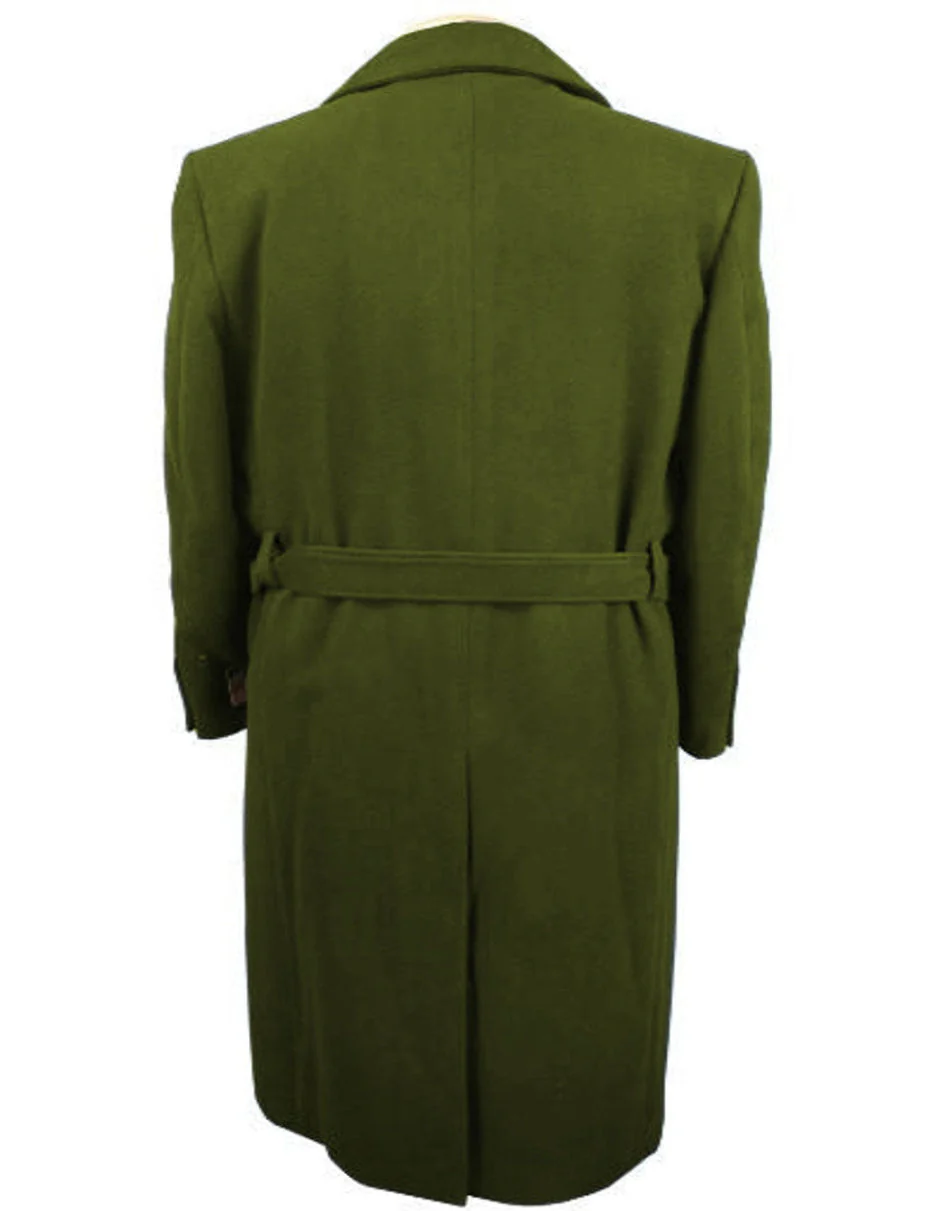 Mens Solid Olive Green 100% Wool Gabardine Belted Duster Overcoat - Image 2