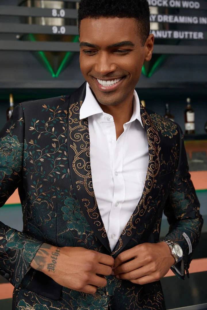 Men's Stacy Adam's Designer Prom & Wedding Tuxedo Green and Gold Jacket - Image 3