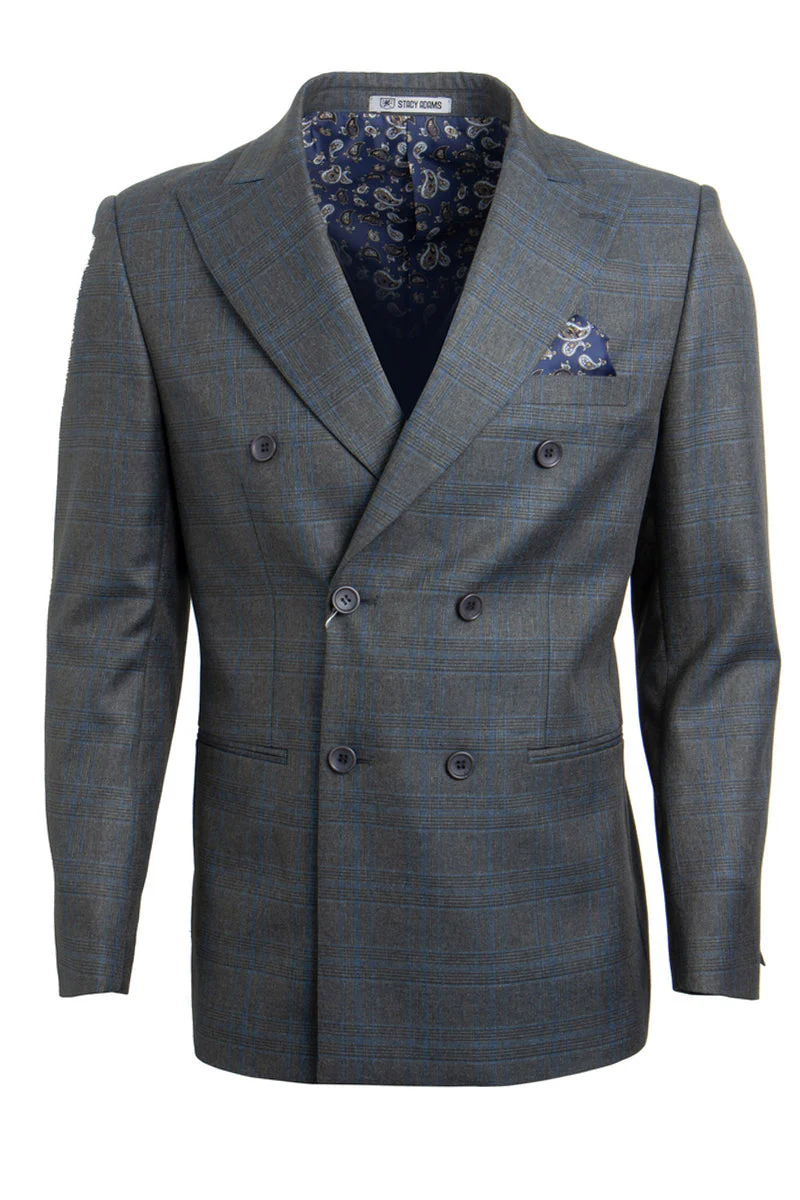 "Mens Stacy Adams Suit - Stacy Adams Suit Men's Double Breasted Charcoal Grey Windowpane Plaid Suit" - Image 2