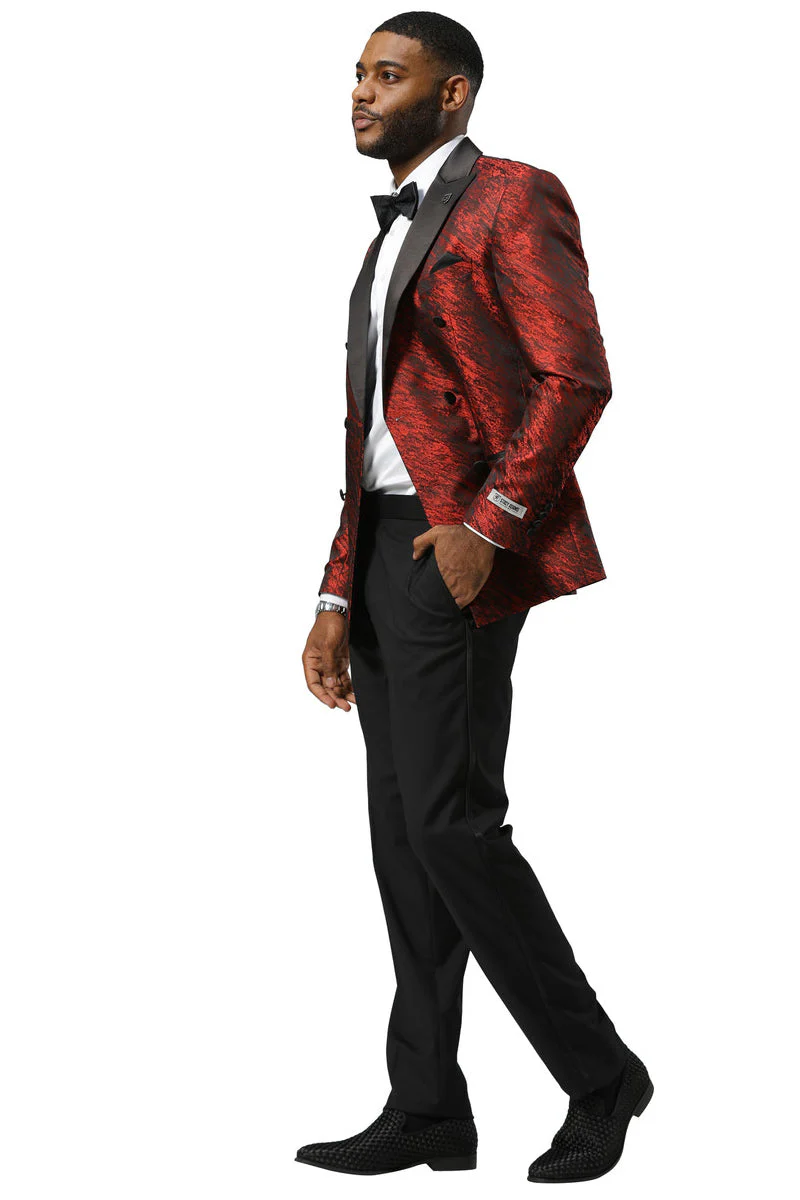 Men's Stacy Adams Double Breasted Wedding & Prom Tuxedo Jacket in Textured Shiny Red Sharkskin - Image 5