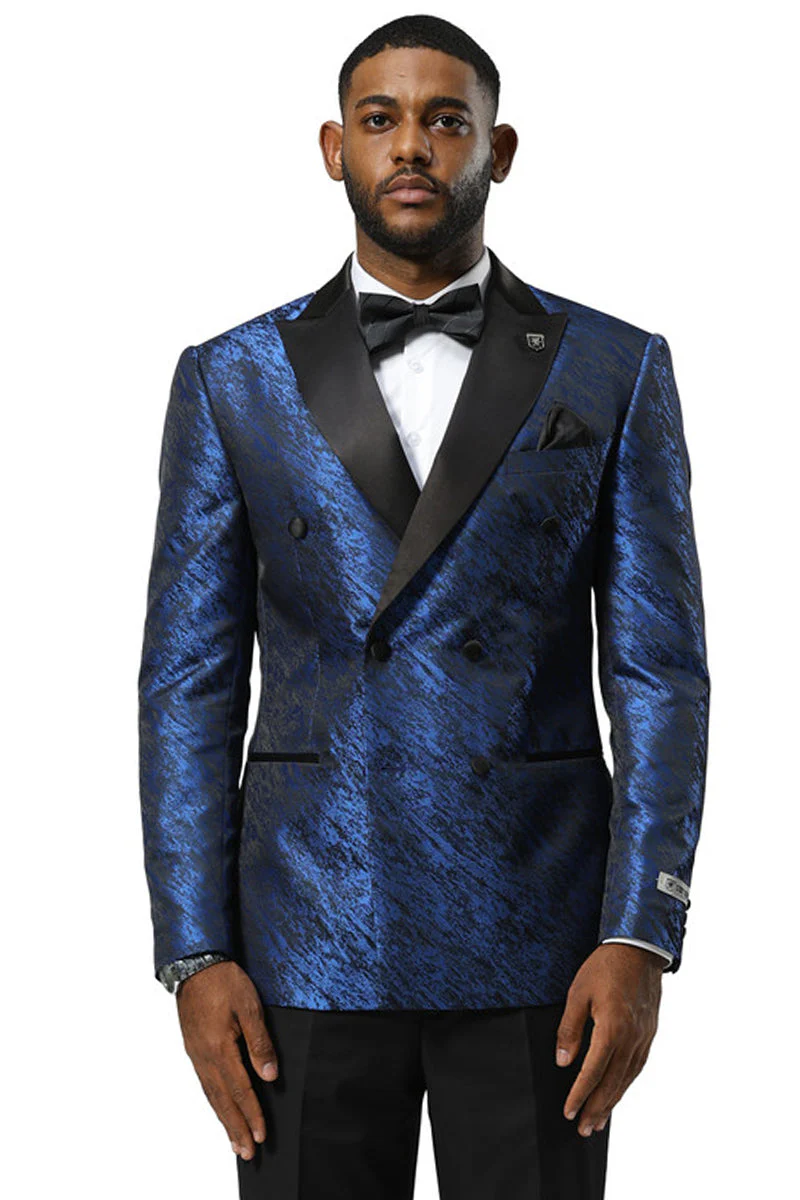 Men's Stacy Adams Double Breasted Wedding & Prom Tuxedo Jacket in Textured Shiny Royal Blue Sharkskin - Image 3