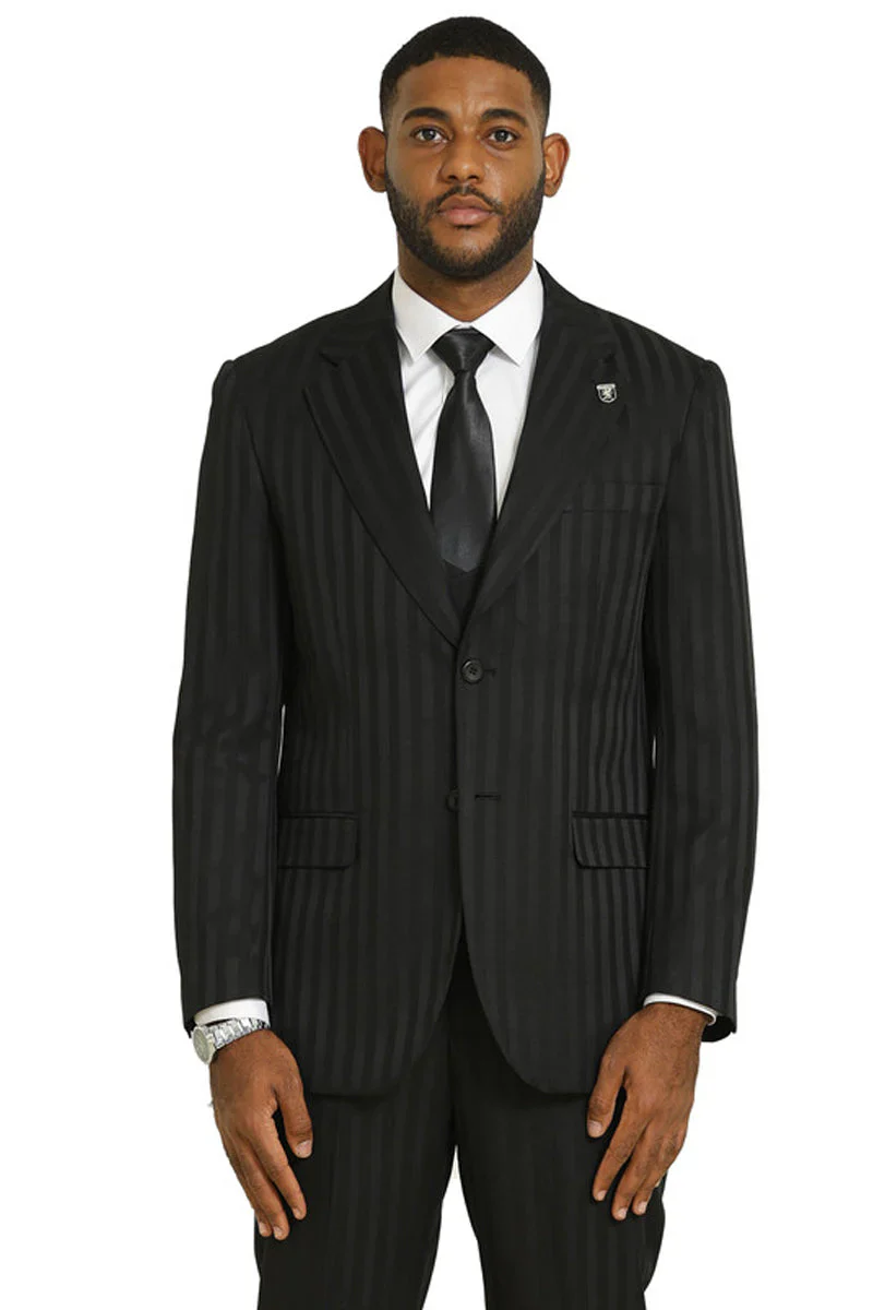Mens Stacy Adams Modern Fit Vested Suit in Black Tonal Shadown Pinstripe - Image 2
