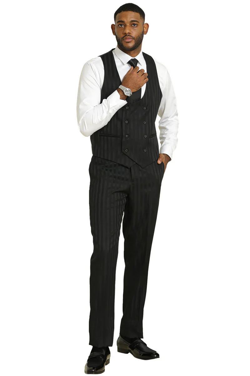 Mens Stacy Adams Modern Fit Vested Suit in Black Tonal Shadown Pinstripe - Image 5