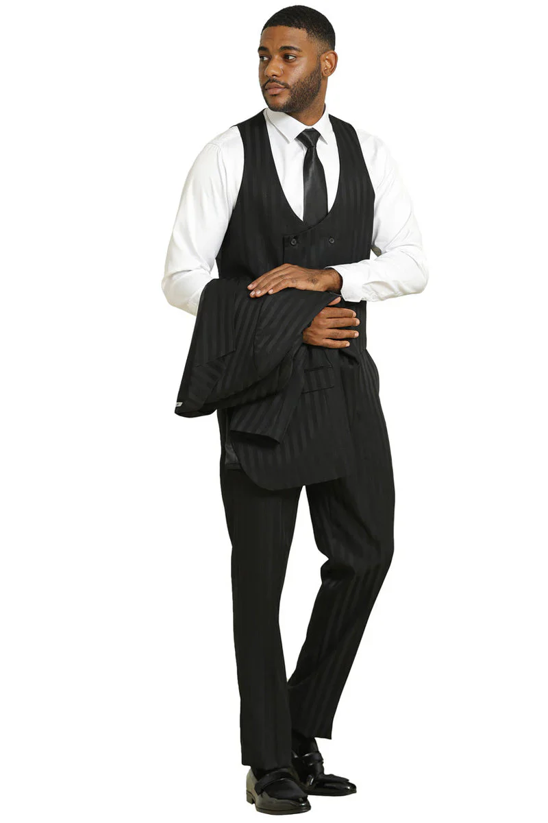 Mens Stacy Adams Modern Fit Vested Suit in Black Tonal Shadown Pinstripe - Image 6