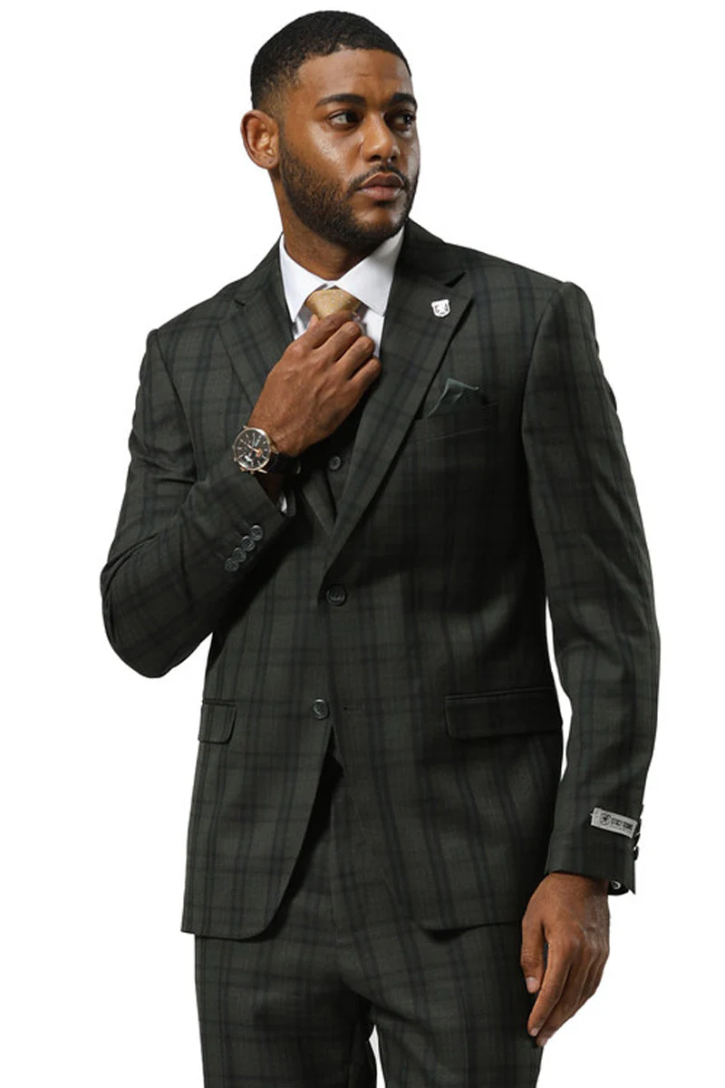 Men's Stacy Adams Modern Fit Vested Suit in Dark Hunter Green Double Windowpane Plaid - Image 6