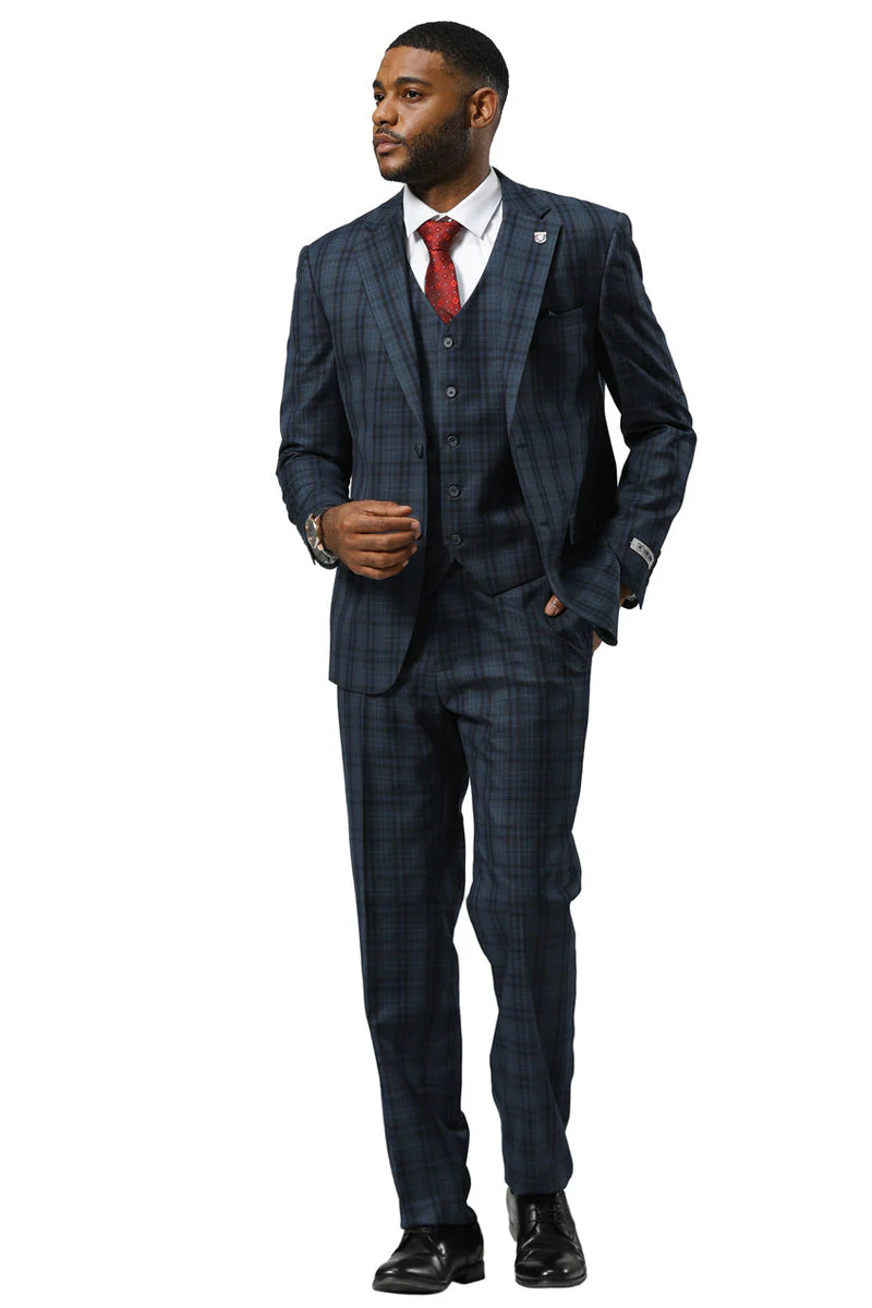 Men's Stacy Adams Modern Fit Vested Suit in Navy Blue Double Windowpane Plaid - Image 7