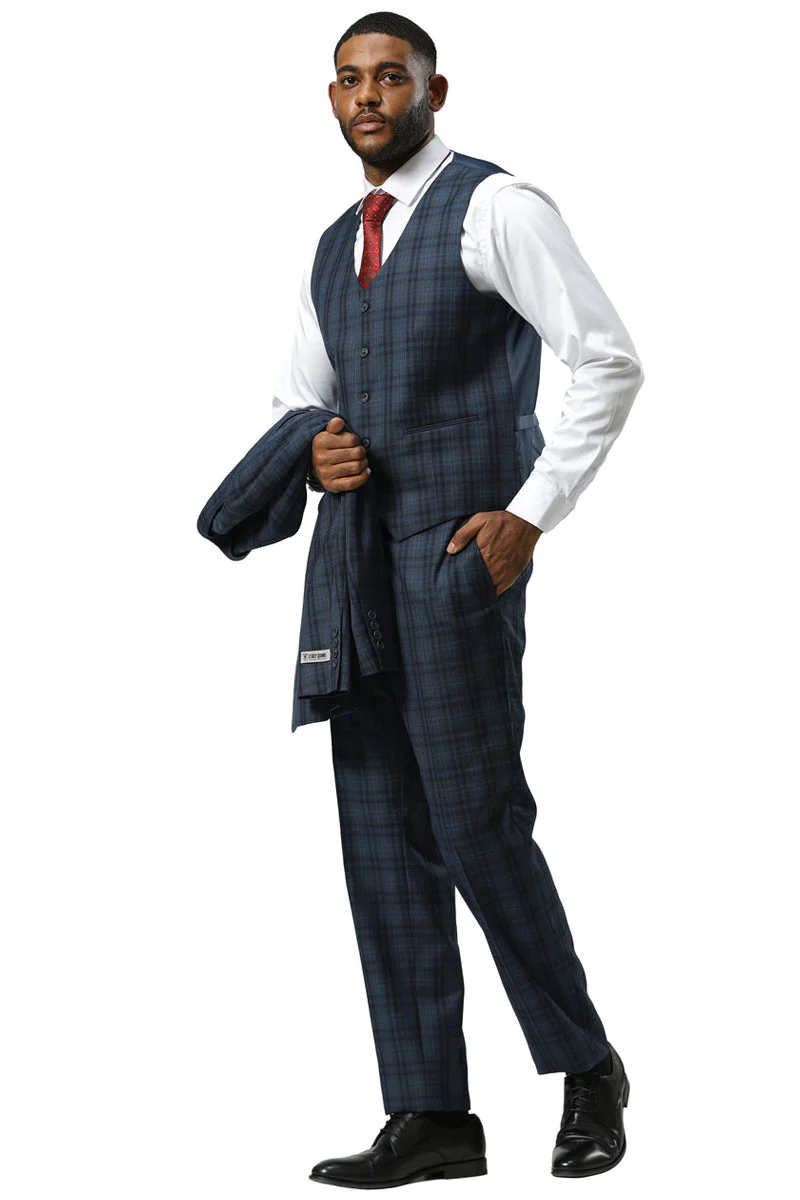 Men's Stacy Adams Modern Fit Vested Suit in Navy Blue Double Windowpane Plaid - Image 9