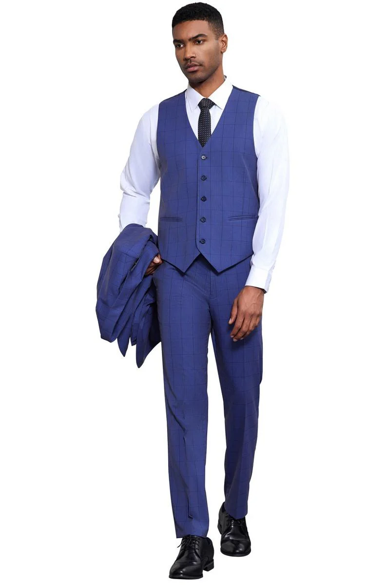 Men's Stacy Adams Modern Fit Vested Tonal Windowpane Plaid Suit in French Blue - Image 4