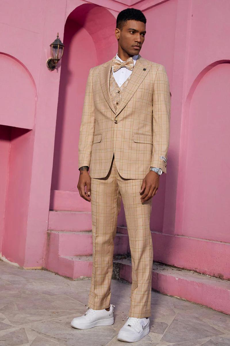 "Mens Stacy Adams Suit -Stacy Adams Men's Plaid Suit with Paisley Vest & Bow Tie - Khaki" - Image 2