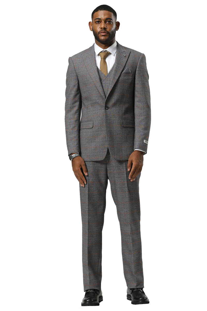 Men's Stacy Adams One Button Peak Lapel Suit With Double Breasted Vest in Grey Glen Plaid - Image 9