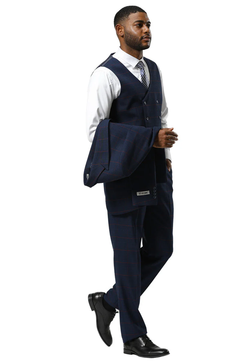 Men's Stacy Adams One Button Peak Lapel Suit With Double Breasted Vest in Navy Glen Plaid - Image 10