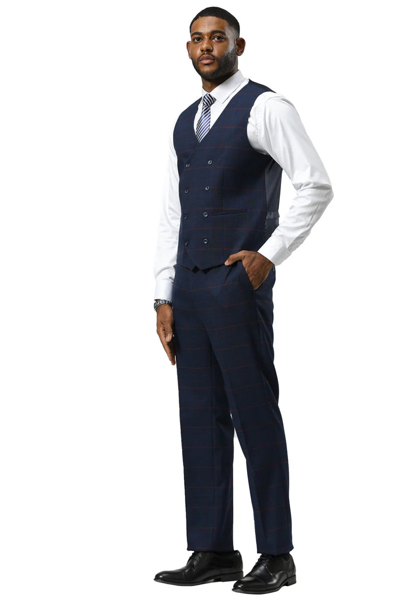 Men's Stacy Adams One Button Peak Lapel Suit With Double Breasted Vest in Navy Glen Plaid - Image 11