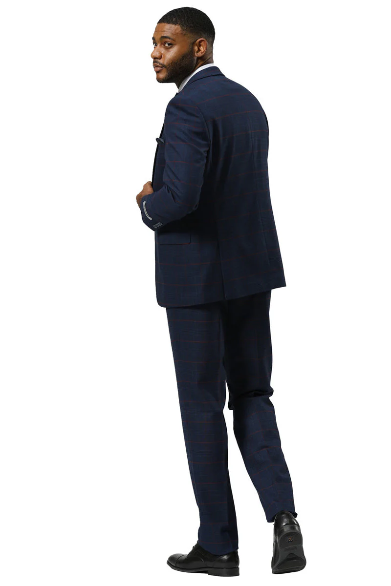 Men's Stacy Adams One Button Peak Lapel Suit With Double Breasted Vest in Navy Glen Plaid - Image 13