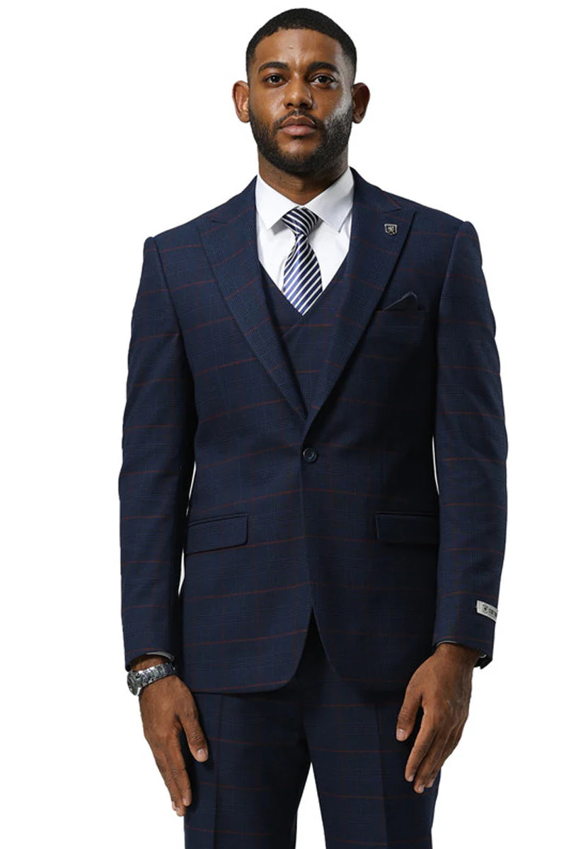 Men's Stacy Adams One Button Peak Lapel Suit With Double Breasted Vest in Navy Glen Plaid - Image 8