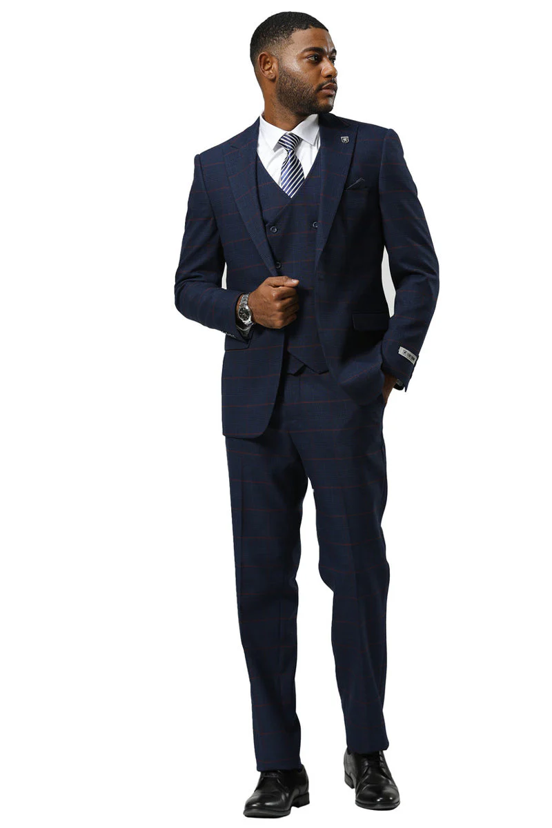 Men's Stacy Adams One Button Peak Lapel Suit With Double Breasted Vest in Navy Glen Plaid - Image 9